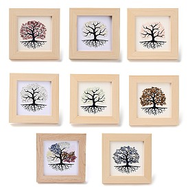 Tree of Life Gemstone Chips Picture Frame Stand, with Wood Square Frame, Feng Shui Money Tree Picture Frame Home Office Decoration