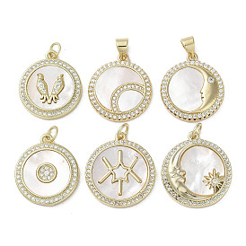 Brass Micro Pave Cubic Zirconia Pendants, with Shell, Flat Round, Real 18K Gold Plated