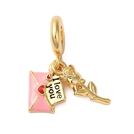 Breloques pendantes européennes en laiton plaqué or rose émaillé, Pendentifs enveloppe coeur et rose à gros trou, sans cadmium et sans plomb, plaqué longue durée