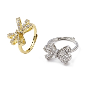 Rack Plating Brass Micro Pave Cubic Zirconia Adjustable Finger Rings, Long-Lasting Plated, Lead Free & Cadmium Free, Bowknot