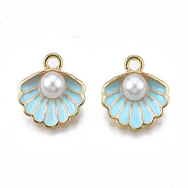 Alloy Pendants, with ABS Plastic Imitation Pearl & Enamel, Shell with Pearl, Light Gold