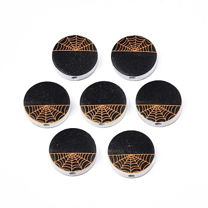 Halloween Printed Natural Wood Beads, Flat Round with Spiderweb Pattern