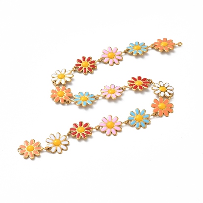 304 Stainless Steel Flower Link Chains, with Colorful Enamel, Soldered, with Spool