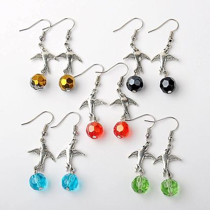 Glass Earrings, with Tibetan Style Links and Brass Earring Hooks, Bird, 50mm