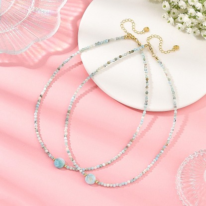 Collares de cuentas de larimar natural, con cuentas de latón chapadas en bastidor y cierres de mosquetón de acero inoxidable