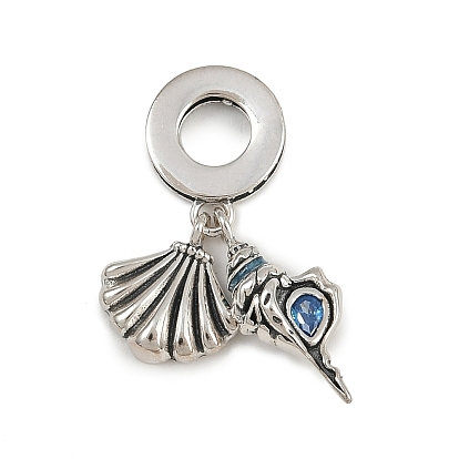 925 европейские подвески из стерлингового серебра с небесно-голубыми кубическими цирконами, эмалевые подвески с большим отверстием в форме ракушки, родий