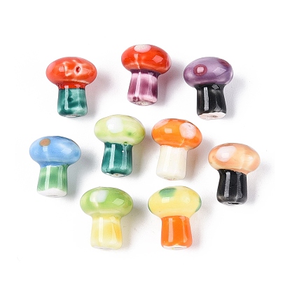 Handmade Porcelain Beads, Hand Painted Ceramic Beads, Mushroom, Famille Rose Porcelain