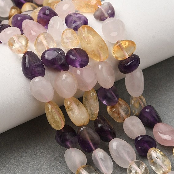 Natural Amethyst & Heated Citrine & Rose Quartz Beads Strands, Nuggets, Tumbled Stone