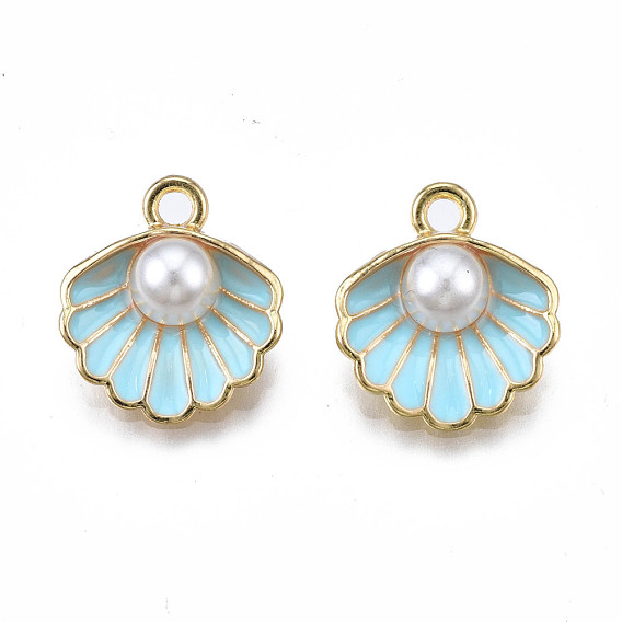 Alloy Pendants, with ABS Plastic Imitation Pearl & Enamel, Shell with Pearl, Light Gold