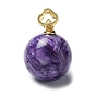 Natural Charoite Sphere Round Charms, with Golden Plated 925 Sterling Silver Rhinestone Findings