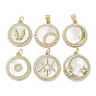 Brass Micro Pave Cubic Zirconia Pendants, with Shell, Flat Round, Real 18K Gold Plated