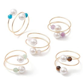 Round Shell Pearl & Natural Black Onyx & Moonstone & Green Aventurine & Apatite & Amethyst Finger Rings, Copper Wire Wrapped Cuff Rings for Women