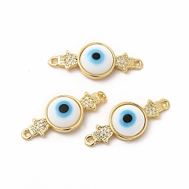 Rack Plating Real 18K Gold Plated Brass Micro Pave Clear Cubic Zirconia Connector Charms, Hamsa Hand and Evil Eye Links, with Handmade Lampwork, Cadmium Free & Lead Free, Long-Lasting