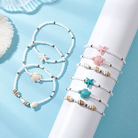 3шт. синтетические бирюзовые бусины эластичные браслеты для женщин, морская звезда, раковина и черепаха, с ракушками и стеклянными бусинами