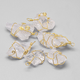 Rough Raw Natural Quartz Crystal Pendants, Rock Crystal Pendants, with Brass Findings, Nuggets