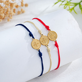 Vintage Metal Religion Saint Benedict Medal Link Adjustable Braided Nylon Cord Bracelets, Real 14K Gold Plated