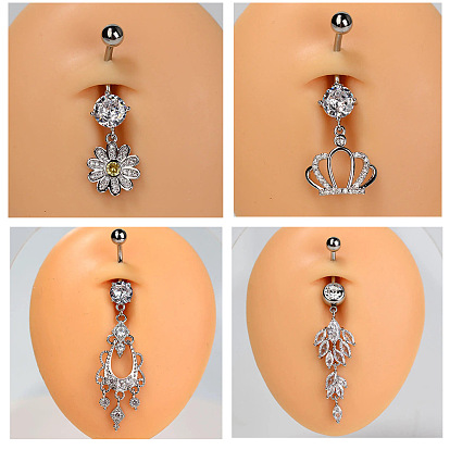 304 Кольца для живота в форме изогнутой штанги из нержавеющей стали с прозрачным кубическим цирконием, позолоченный/серебряный цвет