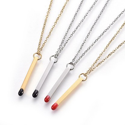 304 Stainless Steel Matchstick Pendant Necklaces, with Enamel