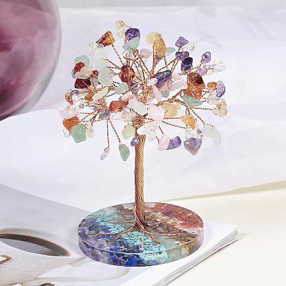 Natural Gemstone Chips Tree of Life Decorations, Round Resin Base with Copper Wire Feng Shui Energy Stone Gift for Home Office Desktop Decoration