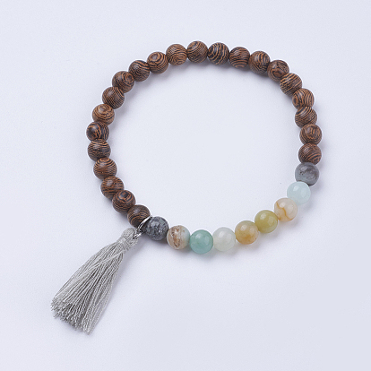 Natural & Synthetic Mixed Stone & Wood Stretch Bracelets, with Cotton Thread Tassels Pendants, Stainless Steel Color