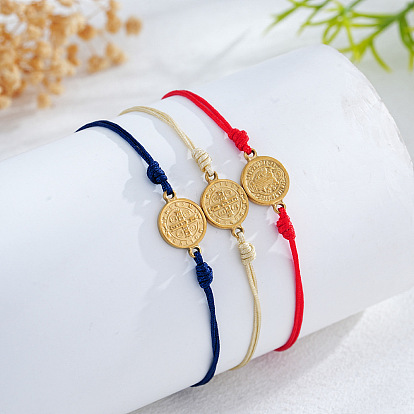 Bracelet vintage en métal avec médaille de saint Benoît et maillons en cordon de nylon tressé ajustable., réel 14 k plaqué or