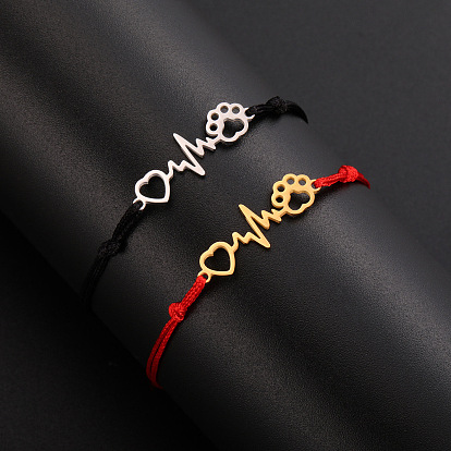 Heart Beat & Dog Paw Print Link Bracelet, Cloth Cord Braided Adjustable Bracelet