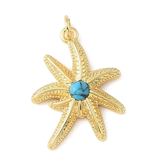Dyed Synthetic Turquoise Pendants, Brass Flower Bezeled Charms, Rack Plating, Long-Lasting Plated, Cadmium Free & Lead Free