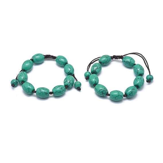 Synthetic Turquoise Braided Bead Bracelets, with Nylon Cord, Barrel