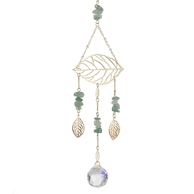 Brass Hollow Leaf Pendant Decorations, Natural Green Aventurine Chip & Glass Round Tassel Suncatchers for Window Hanging Ornaments