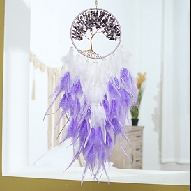 Tree of Life Natural Amethyst Chips Woven Web/Net with Feather Decorations, Home Decoration Ornament Festival Gift