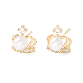 Clear Cubic Zirconia Crown Stud Earrings with Acrylic Pearl, Brass Jewelry for Women, Lead Free & Cadmium Free