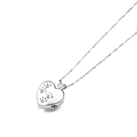 316L Surgical Stainless Steel Heart with Paw Print Urn Ashes Pendant Necklace with Enamel, Memorial Jewelry for Men Women