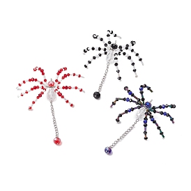 3Pcs 3 Colors Halloween Theme Spider Glass Pendants, with 304 Stainless Steel Chains, Platinum