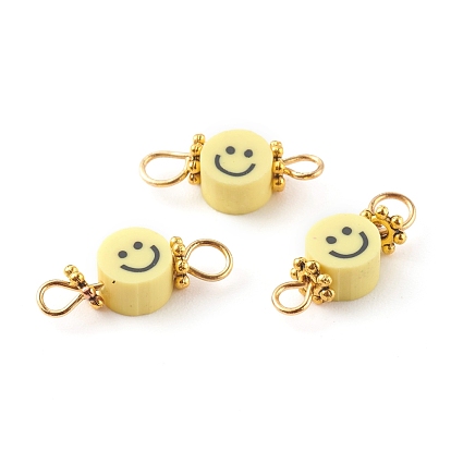 Handmade Polymer Clay Links Connectors, with Golden 304 Stainless Steel Loops, Flat Round with Smile