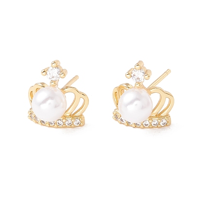 Clear Cubic Zirconia Crown Stud Earrings with Acrylic Pearl, Brass Jewelry for Women, Lead Free & Cadmium Free