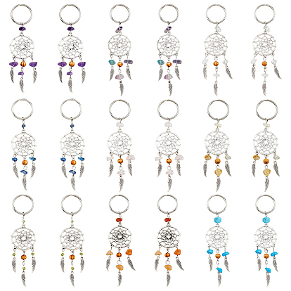 18 шт. 9 цветная тканая сетка / паутина с брелком из сплава в тибетском стиле с крыльями, с крошкой из драгоценных камней и деревянными бусинами