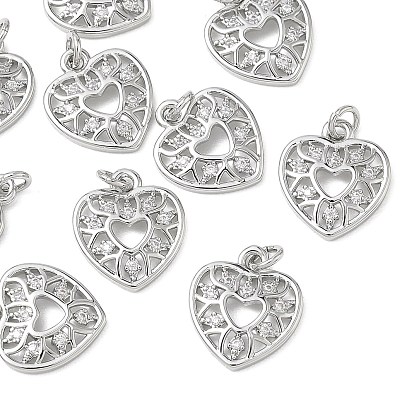SHEGRACE Valentine's Day Brass Clear Cubic Zirconia Pendants, Heart Charms, Cadmium Free & Lead Free & Nickel Free