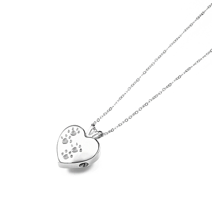 316L Surgical Stainless Steel Heart with Paw Print Urn Ashes Pendant Necklace with Enamel, Memorial Jewelry for Men Women