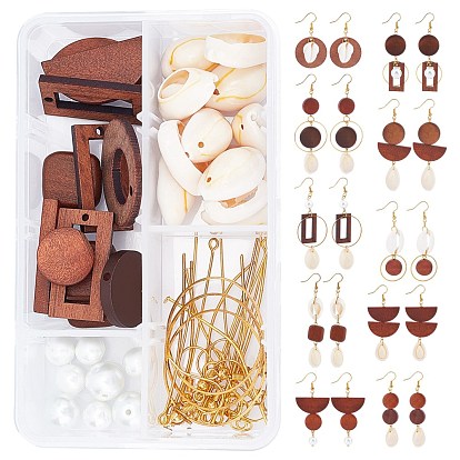 DIY Dangle Earring Making Kits, Including Cowrie Shell Beads, Wood Beads & Pendants, Glass Pearl Beads, Brass Linking Rings & Earring Hooks, Iron Findings