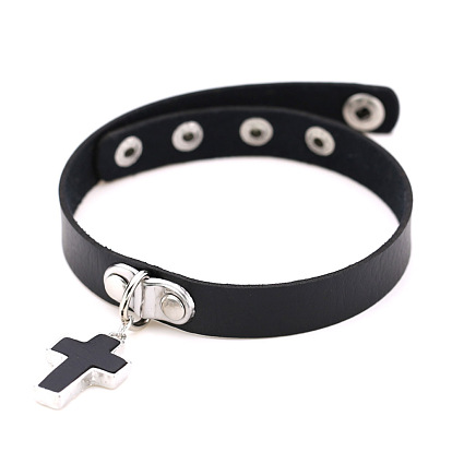 PU Leather Adjustable Choker Necklace, Alloy Cross Pendant Necklace with Stainless Steel Snap Buttons for Women