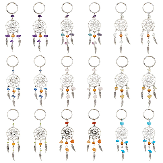 18 шт. 9 цветная тканая сетка / паутина с брелком из сплава в тибетском стиле с крыльями, с крошкой из драгоценных камней и деревянными бусинами