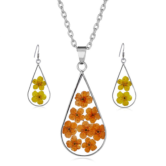 Комплекты из ожерелий и висячих серег из пластикового сплава в форме капли, с сухих цветов внутри