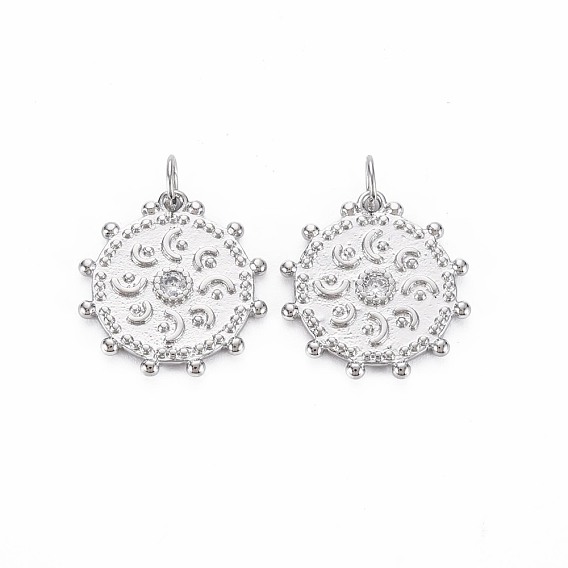 Brass Micro Pave Clear Cubic Zirconia Pendants, Nickel Free, Moon