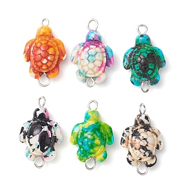 6Pcs 6 Colors Dyed Synthetic Turquoise Sea Turtle Connector Charms, with 304 Stainless Steel Double Loops, Stainless Steel Color