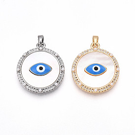 Латунные микро проложить кубического циркония подвески, без кадмия, без никеля и без свинца, плоские круглые с сглаза, с ракушкой, эмалью и искусственным жемчугом из АБС-пластика