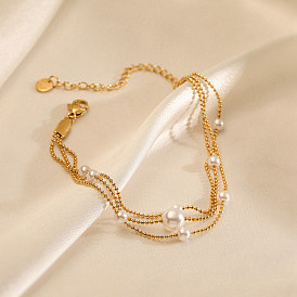 304 Stainless Steel Ball Chains Bracelets, with Plastic Imitation Pearl Beads