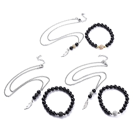 Pendant Necklaces and Stretch Bracelets Sets, with Natural Black Agate Beads, Brass Cubic Zirconia Round Beads, 304 Stainless Steel Rolo Chains and Heart Link Chains, Feather, with Cardboard Box