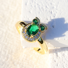 Green Zircon Owl Ring - Unique Adjustable Copper Gold Plated Statement Jewelry