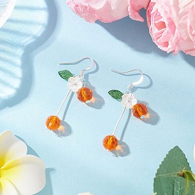 Серьги-подвески из стеклянных бусин с вишнями, с подвесками в виде акриловых листьев, серебряные