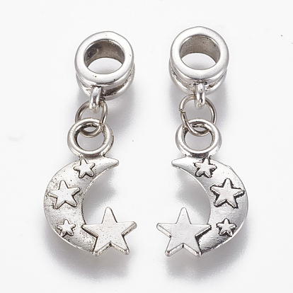 Tibetan Style Alloy European Dangle Charms, Large Hole Beads, with Iron Findings, Moon with Star